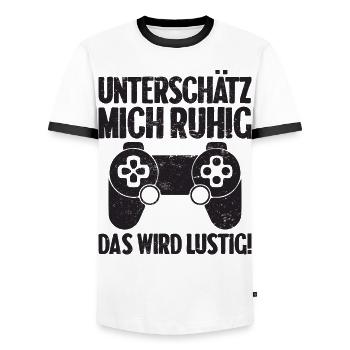 Unterschätz mich ruhig das wird lustig! Gaming - Männer Kontrast-T-Shirt - Weiß/Schwarz - Vorne - AI Model Female 172 light (172cm) & AI Model Male 178 dark (178cm)