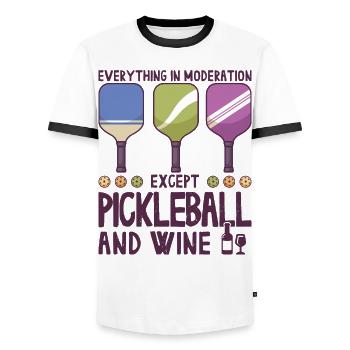 Pickleball and Wine for Pickle Ball, Was That Out - Men's Ringer Shirt - white/black - Front - AI Model Female 172 light (172cm) & AI Model Male 178 dark (178cm)