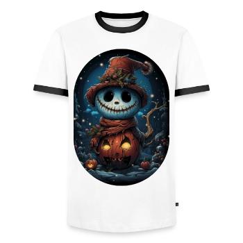 James le sympathique bonhomme de neige d’Halloween - T-shirt contrasté Homme - blanc/noir - Devant - AI Model Female 172 light (172cm) & AI Model Male 178 dark (178cm)