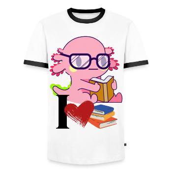 Axolotl Book Love - Dessin animé mignon Axo avec des lunettes - T-shirt contrasté Homme - blanc/noir - Devant - AI Model Female 172 light (172cm) & AI Model Male 178 dark (178cm)