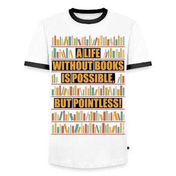 Life Without Books – Possible But Pointless POS 5C - Men's Ringer Shirt - white/black - Front - AI Model Female 172 light (172cm) & AI Model Male 178 dark (178cm)