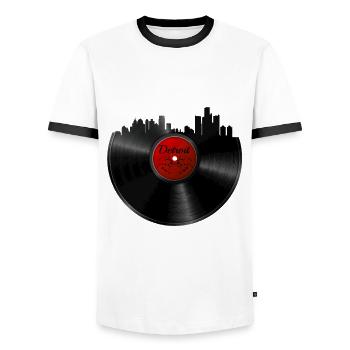 Detroit Vinyl - Retro Techno DJ Skyline Gift - Men's Ringer Shirt - white/black - Front - AI Model Female 172 light (172cm) & AI Model Male 178 dark (178cm)
