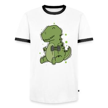 T-Rex Dino mit Hanteln macht Fitness - Männer Kontrast-T-Shirt - Weiß/Schwarz - Vorne - AI Model Female 172 light (172cm) & AI Model Male 178 dark (178cm)