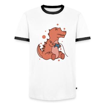 kleiner T-Rex Dino mit Controller Reptil - Männer Kontrast-T-Shirt - Weiß/Schwarz - Vorne - AI Model Female 172 light (172cm) & AI Model Male 178 dark (178cm)