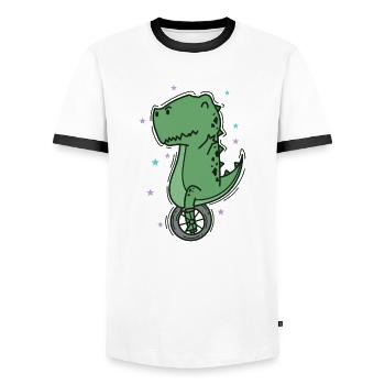Dino auf einem Einrad Dinosaurier Reptil - Männer Kontrast-T-Shirt - Weiß/Schwarz - Vorne - AI Model Female 172 light (172cm) & AI Model Male 178 dark (178cm)
