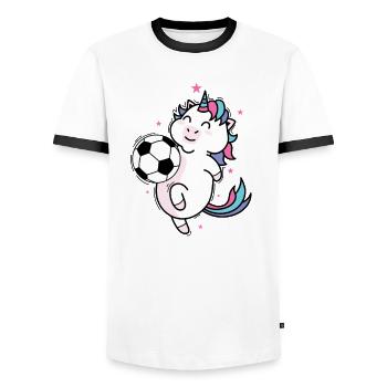 Einhorn spielt Fußball Fabelwesen Sport - Männer Kontrast-T-Shirt - Weiß/Schwarz - Vorne - AI Model Female 172 light (172cm) & AI Model Male 178 dark (178cm)