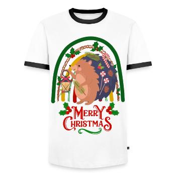 Christmas Hedgehog wishes Merry Christmas - Men's Ringer Shirt - white/black - Front - AI Model Female 172 light (172cm) & AI Model Male 178 dark (178cm)