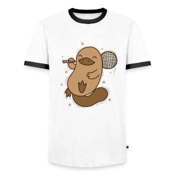 Platypus plays Badminton Australia - Men's Ringer Shirt - white/black - Front - AI Model Female 172 light (172cm) & AI Model Male 178 dark (178cm)