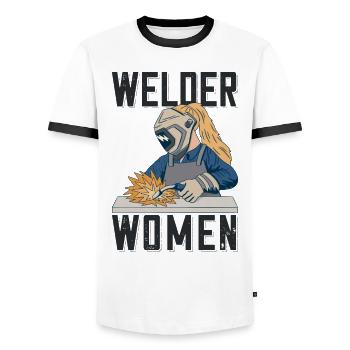 Welder outfit for welders - Men's Ringer Shirt - white/black - Front - AI Model Female 172 light (172cm) & AI Model Male 178 dark (178cm)