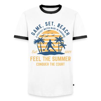 Badminton summer on the beach under palm trees - Men's Ringer Shirt - white/black - Front - AI Model Female 172 light (172cm) & AI Model Male 178 dark (178cm)