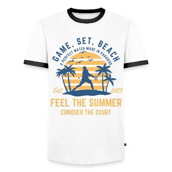 Tennis L’été sur la plage sous les palmiers - T-shirt contrasté Homme - blanc/noir - Devant - AI Model Female 172 light (172cm) & AI Model Male 178 dark (178cm)