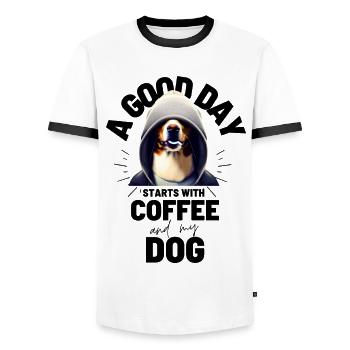 EIN GUTER TAG BEGINNT ... HUND Hunde Kaffee - Männer Kontrast-T-Shirt - Weiß/Schwarz - Vorne - AI Model Female 172 light (172cm) & AI Model Male 178 dark (178cm)