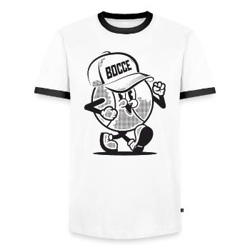 Petanque ball goes to the Boules Petanque Team Cap Boule - Men's Ringer Shirt - white/black - Front - AI Model Female 172 light (172cm) & AI Model Male 178 dark (178cm)