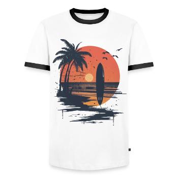 Surfboard sunset and palm trees - Men's Ringer Shirt - white/black - Front - AI Model Female 172 light (172cm) & AI Model Male 178 dark (178cm)