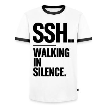 SSH.. Leises Gehen, Gehen in Stille - Männer Kontrast-T-Shirt - Weiß/Schwarz - Vorne - AI Model Female 172 light (172cm) & AI Model Male 178 dark (178cm)