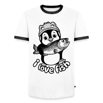Penguin with fish - I love fish - Men's Ringer Shirt - white/black - Front - AI Model Female 172 light (172cm) & AI Model Male 178 dark (178cm)