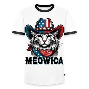 Meowica Funny 4 juillet Amoureux des chats - T-shirt contrasté Homme - blanc/noir - Devant - AI Model Female 172 light (172cm) & AI Model Male 178 dark (178cm)