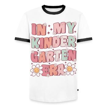 À l’époque de ma maternelle, premier jour groovy - T-shirt contrasté Homme - blanc/noir - Devant - AI Model Female 172 light (172cm) & AI Model Male 178 dark (178cm)