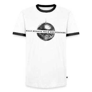 Demi-week-end | Pulau Kreasi - T-shirt contrasté Homme - blanc/noir - Devant - AI Model Female 172 light (172cm) & AI Model Male 178 dark (178cm)