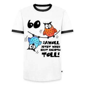 Eulen Frauen Männer 60. Geburtstag 60 Jahre - Männer Kontrast-T-Shirt - Weiß/Schwarz - Vorne - AI Model Female 172 light (172cm) & AI Model Male 178 dark (178cm)