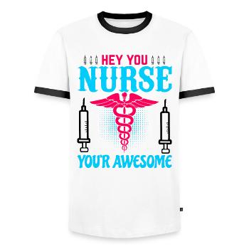 Hey you nurse, you're great - Men's Ringer Shirt - white/black - Front - AI Model Female 172 light (172cm) & AI Model Male 178 dark (178cm)