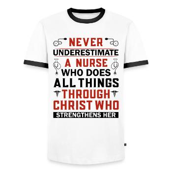 Never underestimate a nurse - Men's Ringer Shirt - white/black - Front - AI Model Female 172 light (172cm) & AI Model Male 178 dark (178cm)