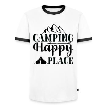Camping Happy Place Hiking Shirt - Men's Ringer Shirt - white/black - Front - AI Model Female 172 light (172cm) & AI Model Male 178 dark (178cm)