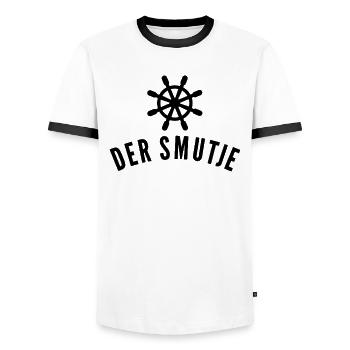 The Smutje - Cook Sailing Motivation Team - Men's Ringer Shirt - white/black - Front - AI Model Female 172 light (172cm) & AI Model Male 178 dark (178cm)