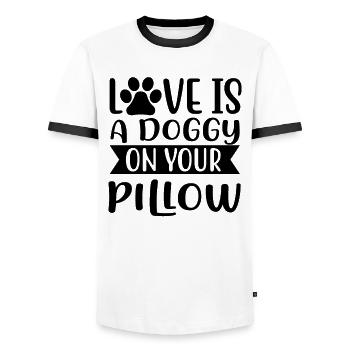 Liebe ist ein Hündchen auf Deinem Kopfkissen - Männer Kontrast-T-Shirt - Weiß/Schwarz - Vorne - AI Model Female 172 light (172cm) & AI Model Male 178 dark (178cm)