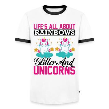 Das Leben besteht aus Regenbögen und Glitzer - Männer Kontrast-T-Shirt - Weiß/Schwarz - Vorne - AI Model Female 172 light (172cm) & AI Model Male 178 dark (178cm)