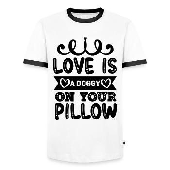 Liebe ist ein Hündchen auf Deinem Kissen - Männer Kontrast-T-Shirt - Weiß/Schwarz - Vorne - AI Model Female 172 light (172cm) & AI Model Male 178 dark (178cm)