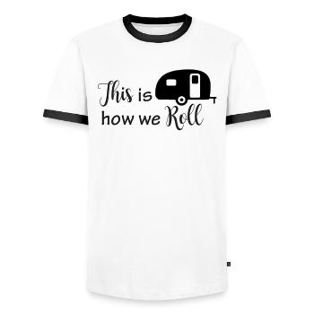 This is how we are on the road - Men's Ringer Shirt - white/black - Front - AI Model Female 172 light (172cm) & AI Model Male 178 dark (178cm)