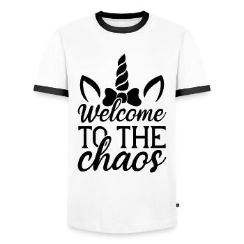 Welcome to Chaos Unicorn - Men's Ringer Shirt - white/black - Front - AI Model Female 172 light (172cm) & AI Model Male 178 dark (178cm)