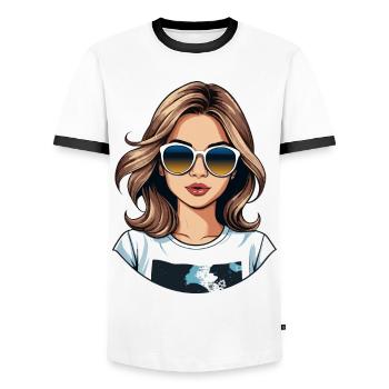 Cartoon girl character. - Men's Ringer Shirt - white/black - Front - AI Model Female 172 light (172cm) & AI Model Male 178 dark (178cm)