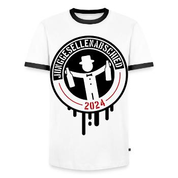 Enterrement de vie de garçon 2024 - T-shirt contrasté Homme - blanc/noir - Devant - AI Model Female 172 light (172cm) & AI Model Male 178 dark (178cm)