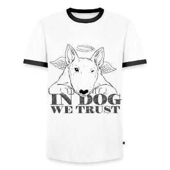 In Dog We Trust Black - Men's Ringer Shirt - white/black - Front - AI Model Female 172 light (172cm) & AI Model Male 178 dark (178cm)
