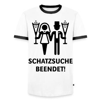 Schatzsuche Beendet! (Brautpaar, Hochzeit, Heirat) - Männer Kontrast-T-Shirt - Weiß/Schwarz - Vorne - AI Model Female 172 light (172cm) & AI Model Male 178 dark (178cm)