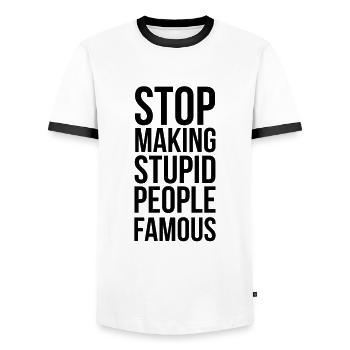 Stop Making Stupid People Famous - Männer Kontrast-T-Shirt - Weiß/Schwarz - Vorne - AI Model Female 172 light (172cm) & AI Model Male 178 dark (178cm)