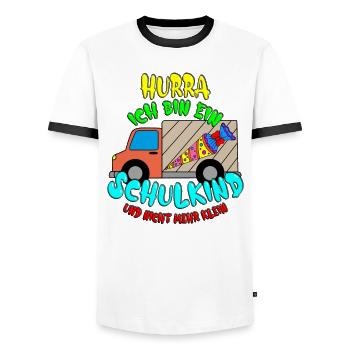 Einschulung 2020 Hurra ich bin ein Schulkind - Männer Kontrast-T-Shirt - Weiß/Schwarz - Vorne - AI Model Female 172 light (172cm) & AI Model Male 178 dark (178cm)