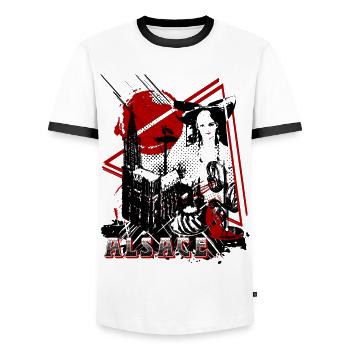 Région Alsace - T-shirt contrasté Homme - blanc/noir - Devant - AI Model Female 172 light (172cm) & AI Model Male 178 dark (178cm)