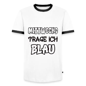 Le mercredi, je porte du bleu en disant jeu de couleurs - T-shirt contrasté Homme - blanc/noir - Devant - AI Model Female 172 light (172cm) & AI Model Male 178 dark (178cm)