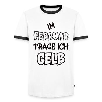 Im Februar trage ich gelb Spruch Farbe gelb - Männer Kontrast-T-Shirt - Weiß/Schwarz - Vorne - AI Model Female 172 light (172cm) & AI Model Male 178 dark (178cm)