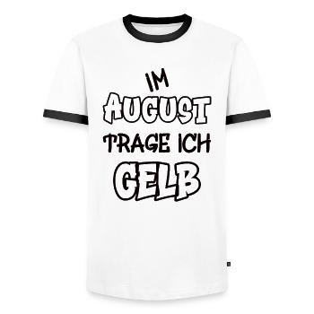 Im August trage ich gelb Spruch Farbe gelb - Männer Kontrast-T-Shirt - Weiß/Schwarz - Vorne - AI Model Female 172 light (172cm) & AI Model Male 178 dark (178cm)