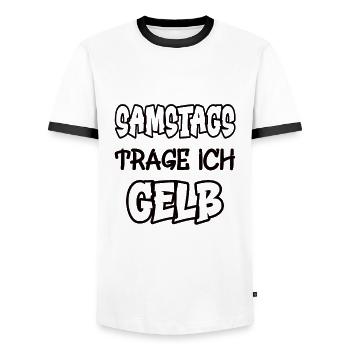 Samstags trage ich gelb Spruch Farbe gelb - Männer Kontrast-T-Shirt - Weiß/Schwarz - Vorne - AI Model Female 172 light (172cm) & AI Model Male 178 dark (178cm)