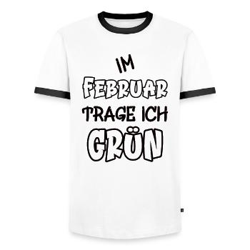 In February I wear green saying color green - Men's Ringer Shirt - white/black - Front - AI Model Female 172 light (172cm) & AI Model Male 178 dark (178cm)