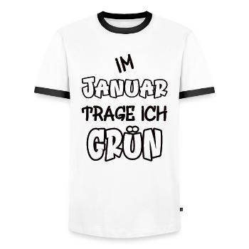 In January I wear green saying color green - Men's Ringer Shirt - white/black - Front - AI Model Female 172 light (172cm) & AI Model Male 178 dark (178cm)