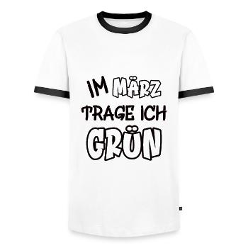 In March I wear green saying color green - Men's Ringer Shirt - white/black - Front - AI Model Female 172 light (172cm) & AI Model Male 178 dark (178cm)