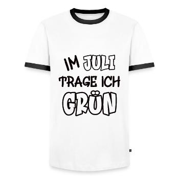 In July I wear green saying color green - Men's Ringer Shirt - white/black - Front - AI Model Female 172 light (172cm) & AI Model Male 178 dark (178cm)