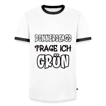 Thursdays I wear green Saying Color green - Men's Ringer Shirt - white/black - Front - AI Model Female 172 light (172cm) & AI Model Male 178 dark (178cm)