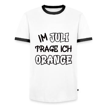 En juillet, je porte de l’orange en disant couleur orange - T-shirt contrasté Homme - blanc/noir - Devant - AI Model Female 172 light (172cm) & AI Model Male 178 dark (178cm)